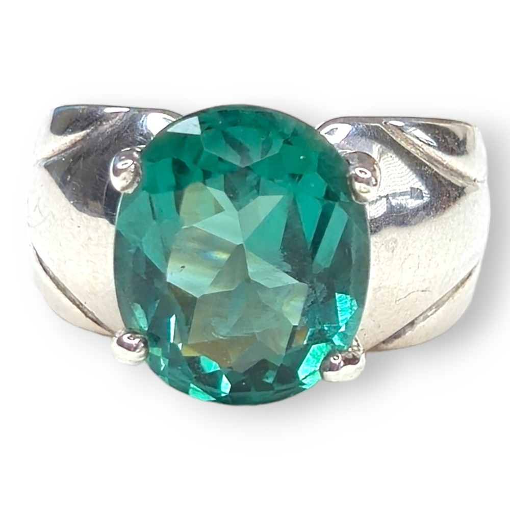 Clyde Duneier Sterling Silver 925 Green Faceted Cocktail‎ Ring Size 5.75